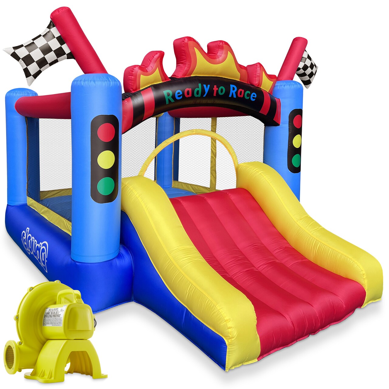 Cloud 9 Inflatable Bounce House and Blower, Race Car Track Theme Bouncer for Kids with Slide and Large Jumping Area